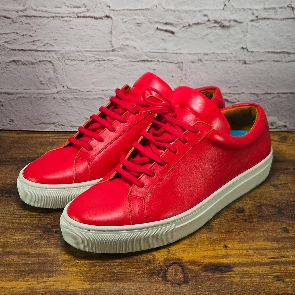 Undandy Men’s EU 43 Red Leather Low Top Sneakers White Sole Luxury Casual Shoes
